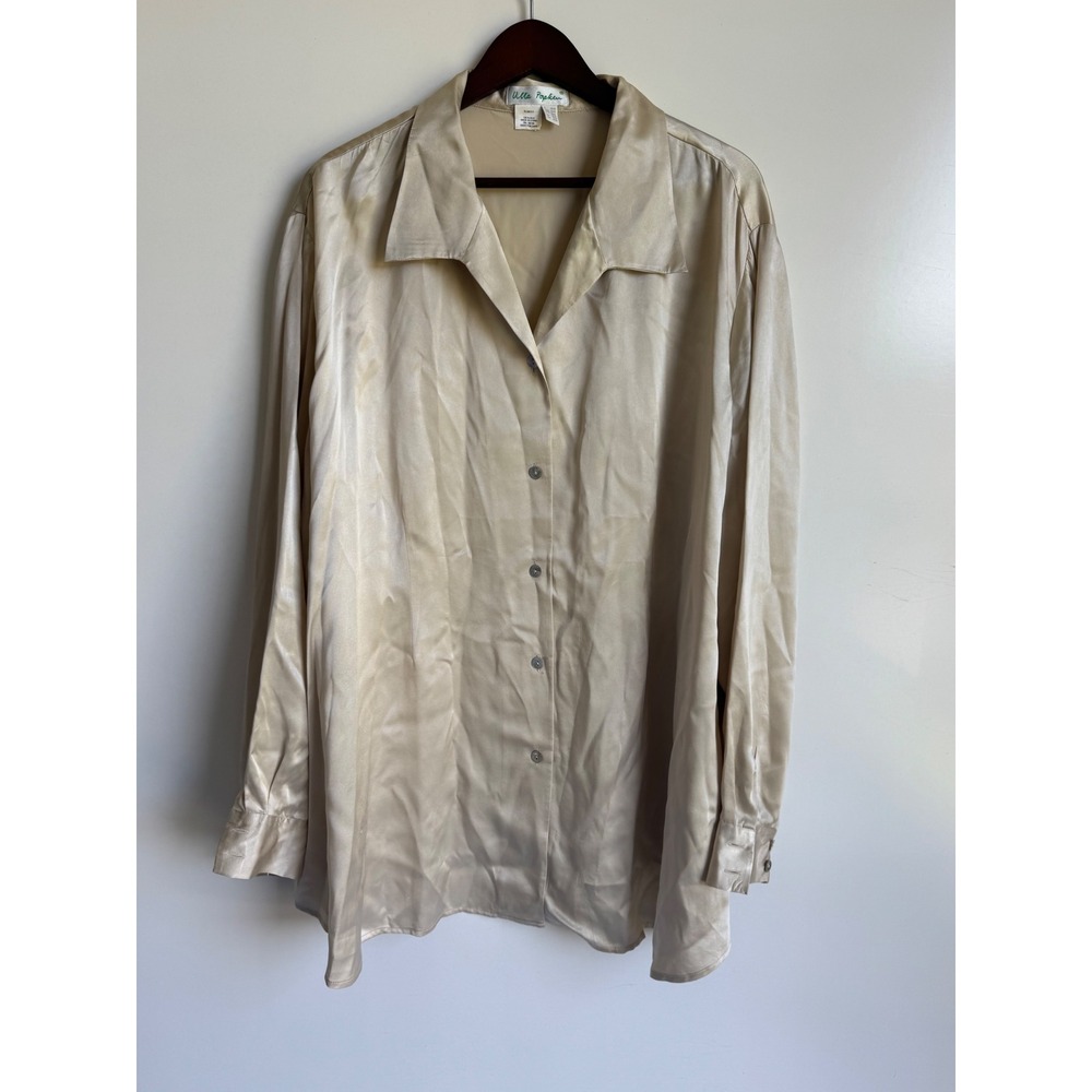Ulla Popken 100% Silk Blouse Champagne Gold Button Down Plus Size 28/30 Elegant